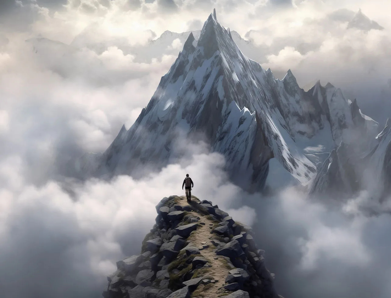 A lone hiker on a rocky ridge above the clouds, facing a snow-covered mountain peak
