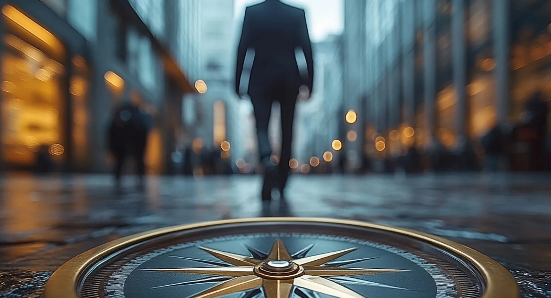 A businessperson walking down a city street toward the light, a brass compass set into the pavement in the foreground